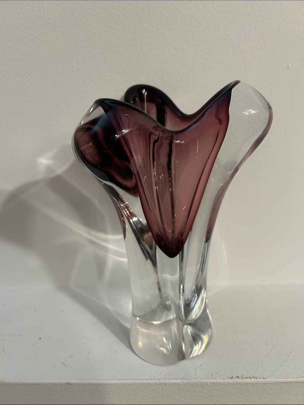 Vintage Josef Hospodka Chribska Sommerso Art Glass 7.5” Vase Purple Clear Glass